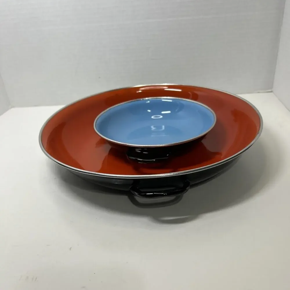Vtg MCM Emo Celji Style Nesting Enamel Metal 2 Saute Pans Yugoslavia Blue Red